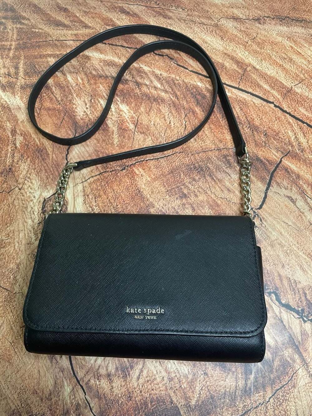 Kate Spade Black Saffiano Leather Flap Chain Crossbody Bag